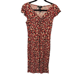 BCBGMaxAzria Red and Black Floral Midi Capped Sleeve Dress